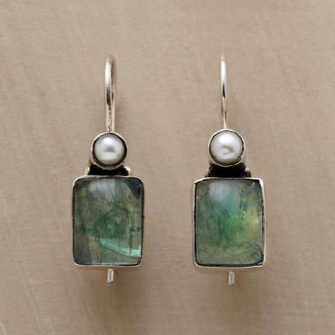 Vintage Green Stone Inlaid Pearl Earrings