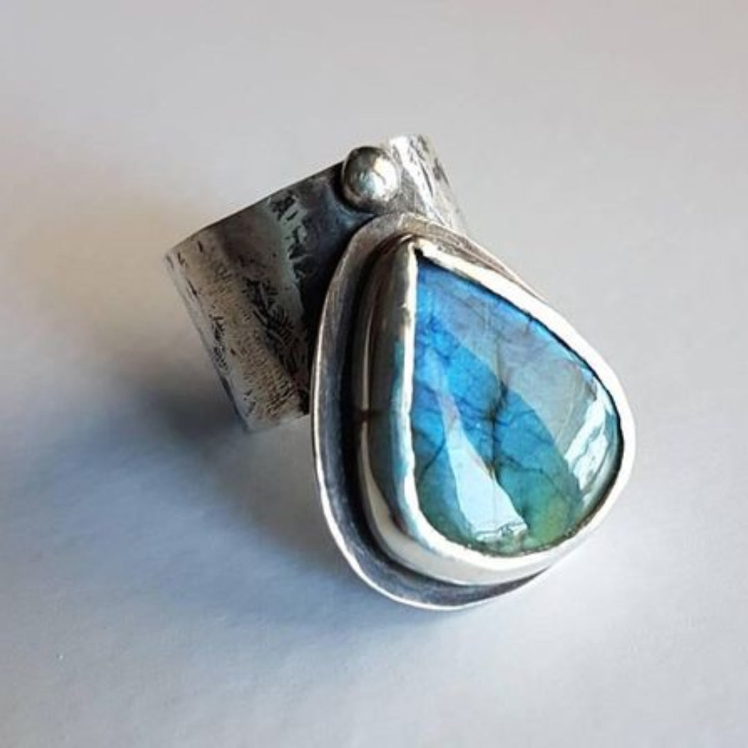 Vintage Inlaid Ocean Stone Silver Ring