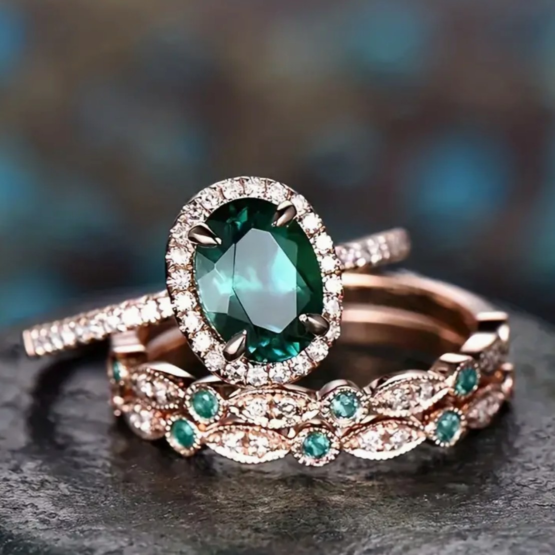 Vintage Green Zirconia Rose Gold Ring Set