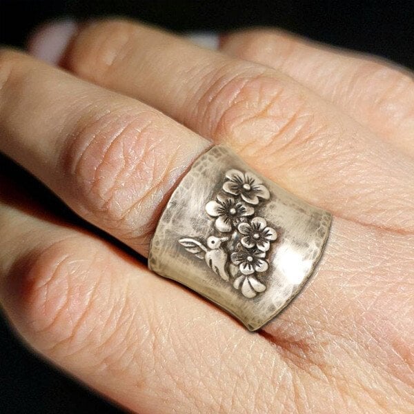 Bird Flower Wide Band Ring