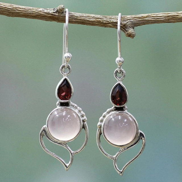 Vintage Moonstone with Red Crystal Earrings