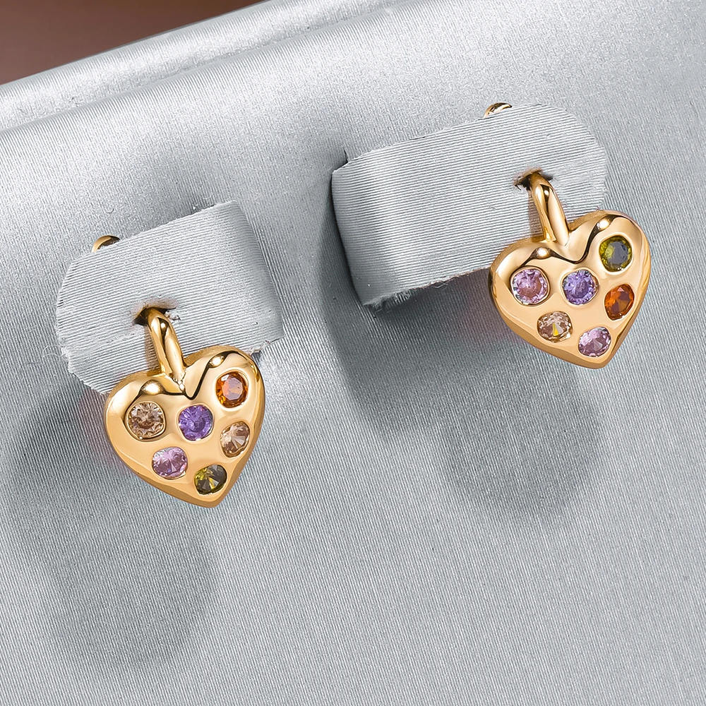 Elegant Inlaid Colorful Zirconia Heart Earrings