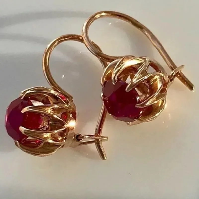 Vintage Red Bright Stone Gold Earrings