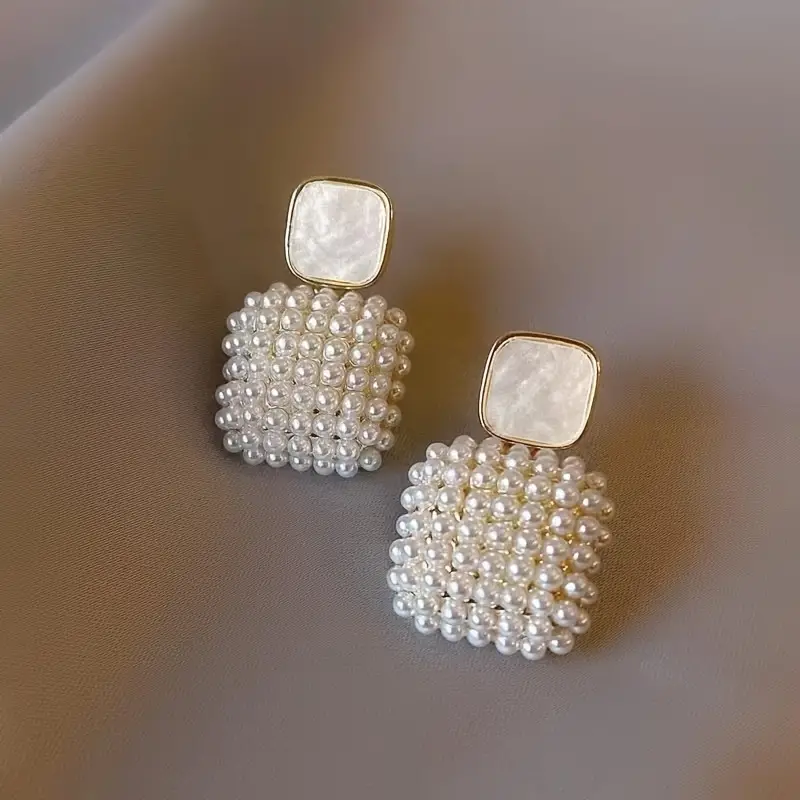 Square Earrings with Elegant Pearls