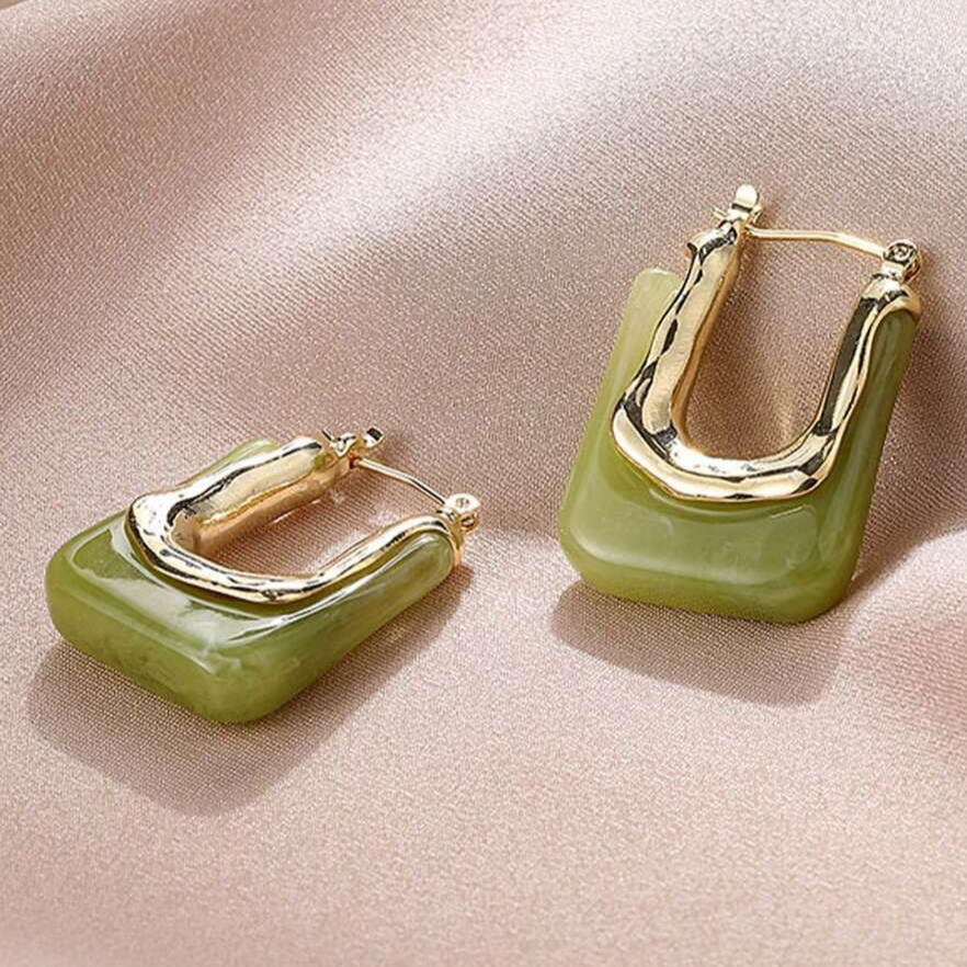 Vintage Green Enamel Gold Earrings